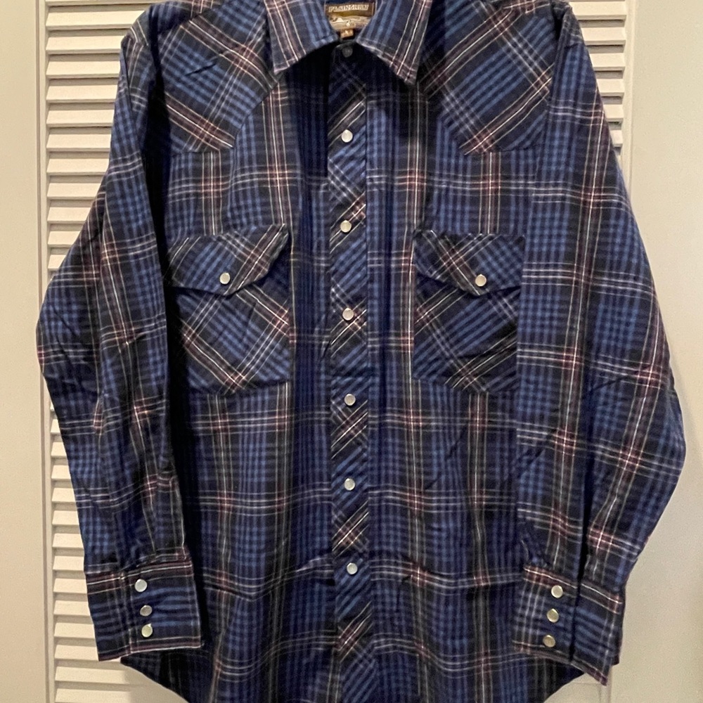 Plainsman Western Shirt Extra Long Tails Pearl Snap Buttons 15-16 1/2 Blue Plaid